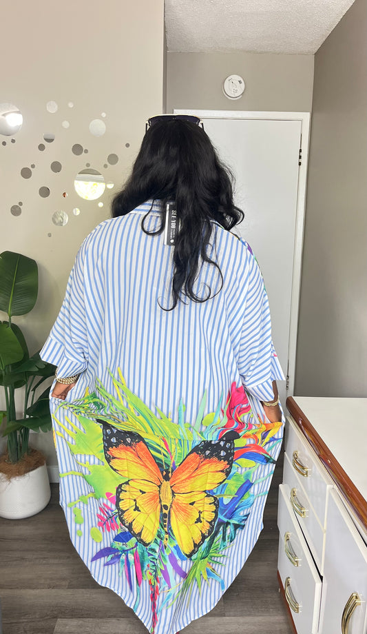 Butterfly print stripes shirtdress