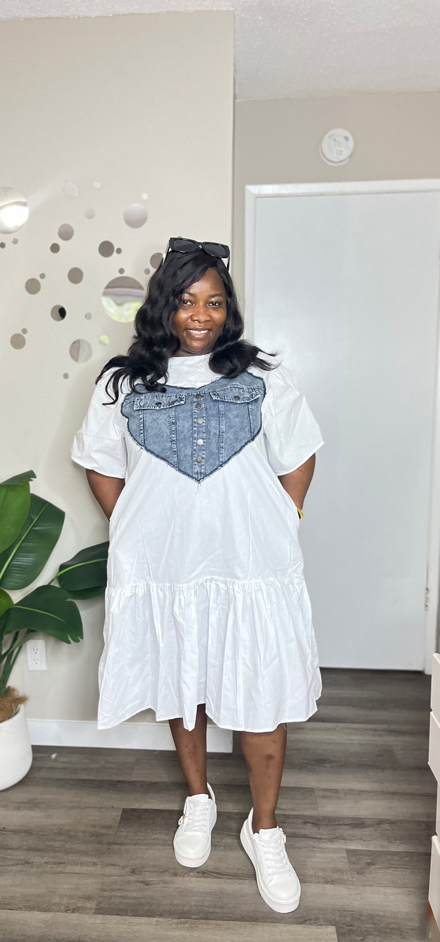 Heart shape denim mix dress