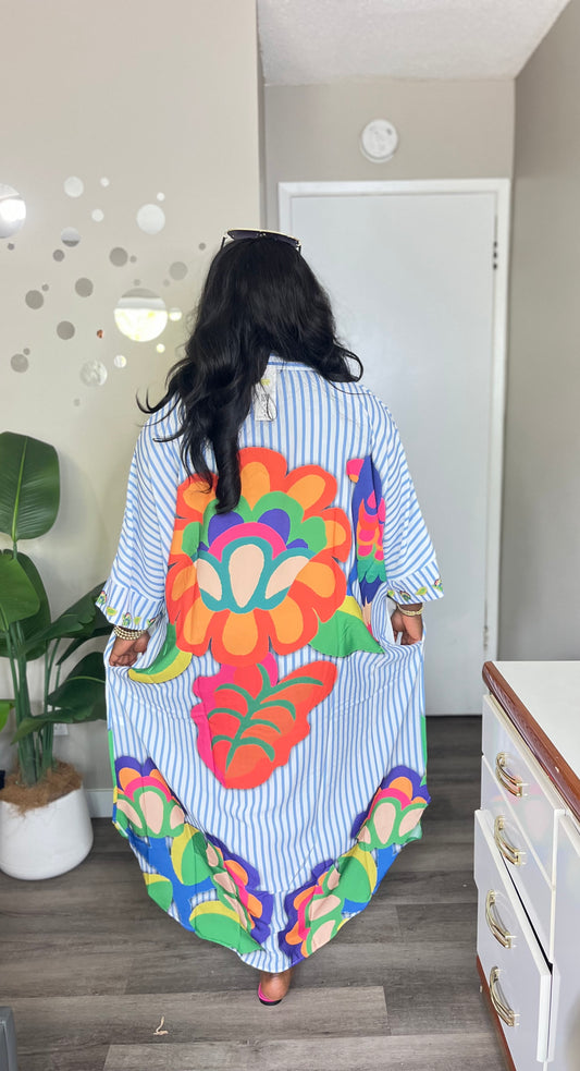 Multicolored floral stripes shirtdress