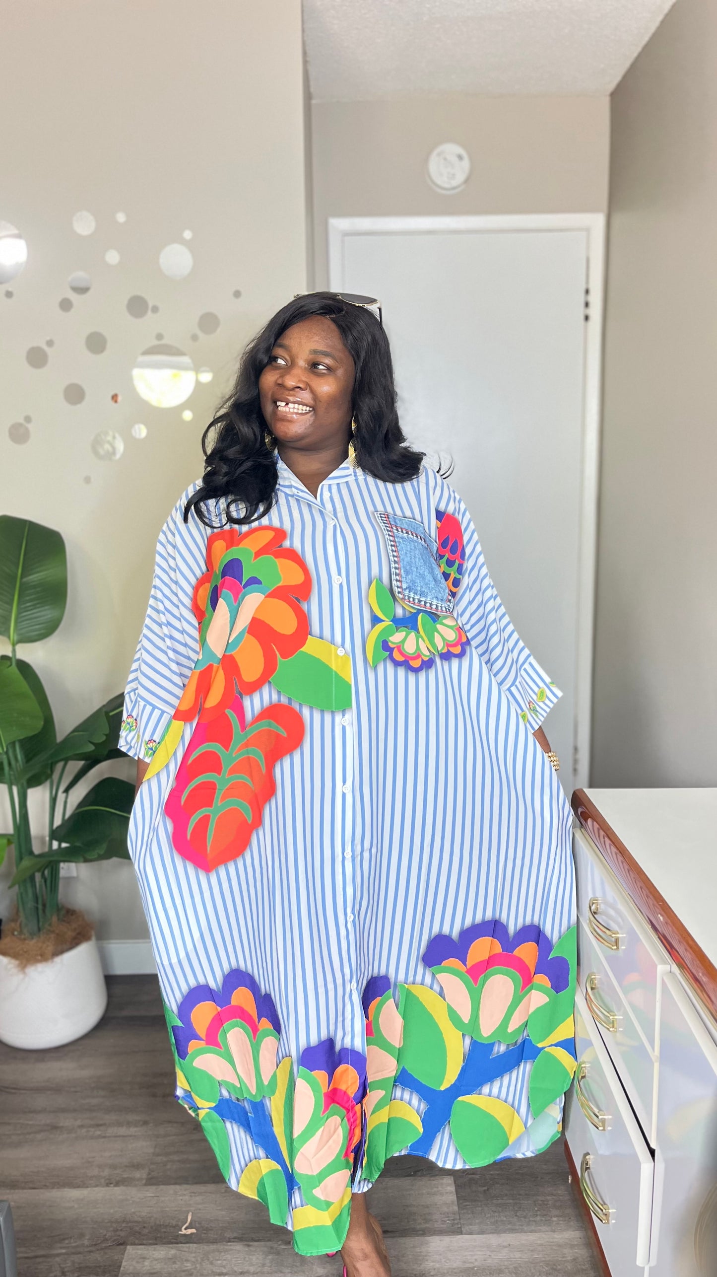 Multicolored floral stripes shirtdress