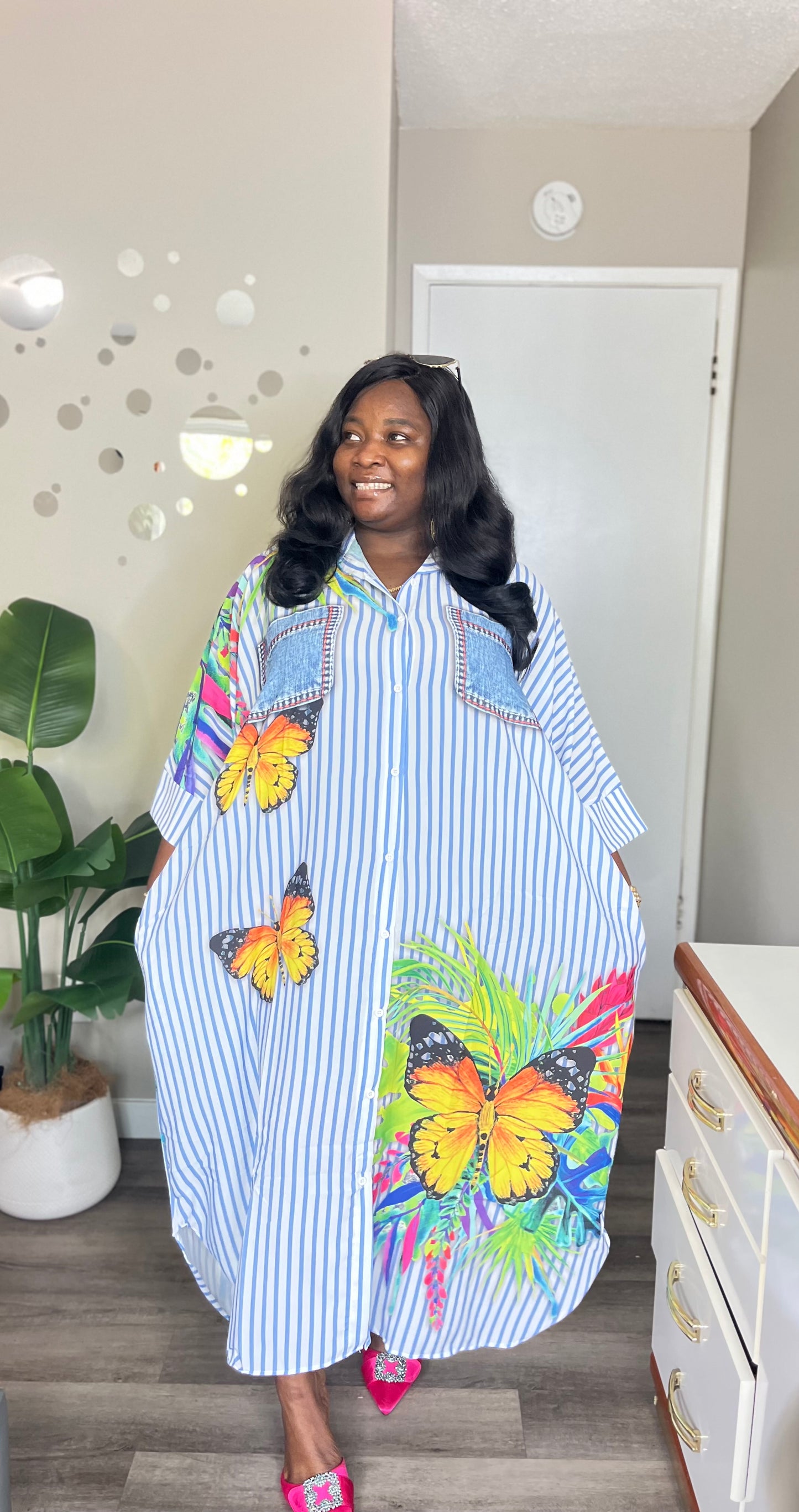 Butterfly print stripes shirtdress