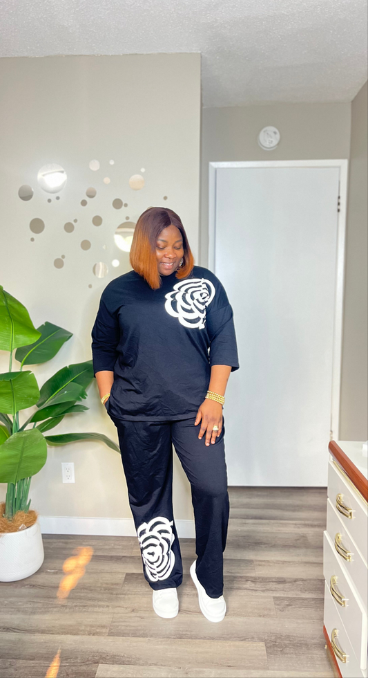 Black 2pc set with white floral detail
